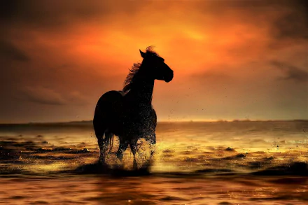 Silhouette of a horse splashing through shallow ocean water at sunset, with vibrant orange skies creating a dramatic HD desktop wallpaper background.