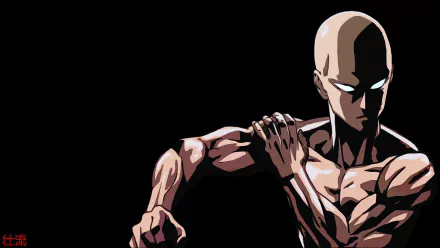 Saitama from One-Punch Man in a dynamic pose, captured in a striking 4K Ultra HD anime wallpaper with bold shadows and highlights on a black background.