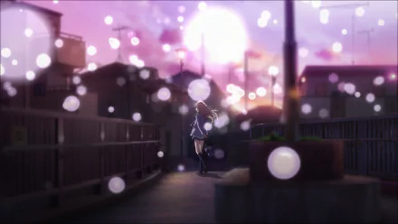 HD desktop wallpaper featuring Kaori Miyazono from the anime Your Lie in April. This Japanese anime image shows Kaori walking on a bridge at sunset with blurred lights in the foreground.