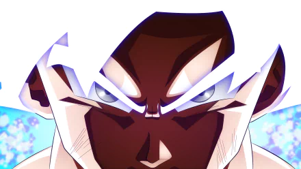 HD desktop wallpaper of Goku from Dragon Ball Super in Ultra Instinct form, featuring an intense close-up of his determined face with glowing white hair and piercing eyes.