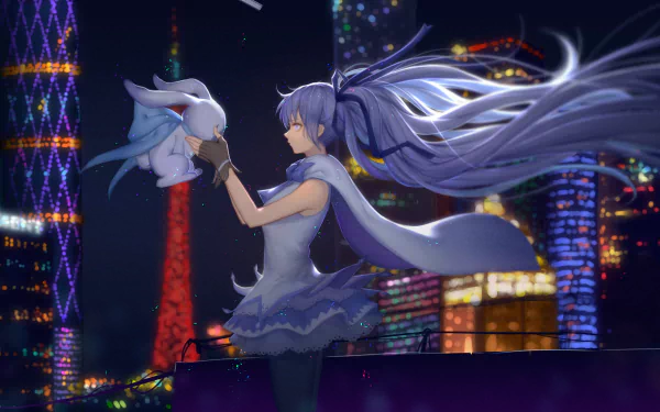 Hatsune Miku with long aqua hair and gloves, wearing a cape, holding a plush against a vibrant cityscape at night in 4K Ultra HD anime style.