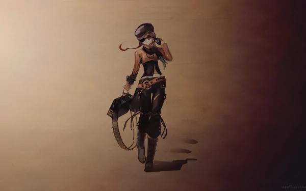 Coco Adel (RWBY) anime 2K Quad HD PC desktop wallpaper: lone stylish mercenary in hat and goggles walks across a sepia background, trailing a whip and casting a long shadow.