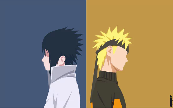 HD desktop wallpaper featuring Sasuke Uchiha and Naruto Uzumaki from the anime Naruto. The minimalist artwork shows their profiles against contrasting blue and mustard backgrounds.