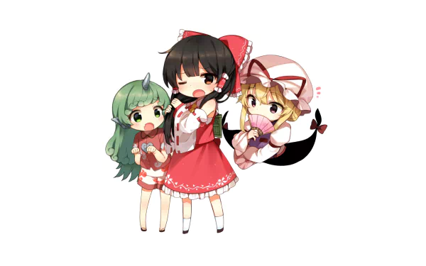 Chibi-style anime characters Aunn Komano, Yukari Yakumo, and Reimu Hakurei from Touhou featured in an HD PC desktop wallpaper and background.