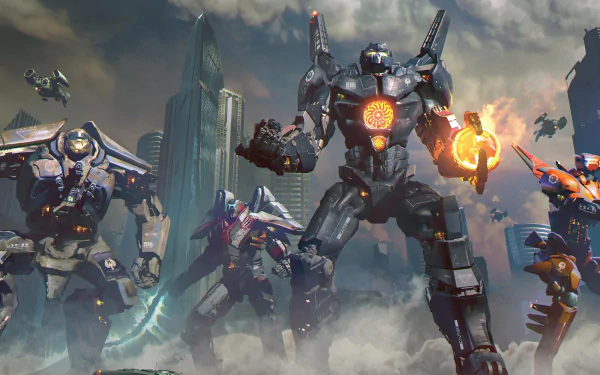 HD desktop wallpaper from the movie Pacific Rim: Uprising, featuring towering robots in a futuristic cityscape, poised for battle.