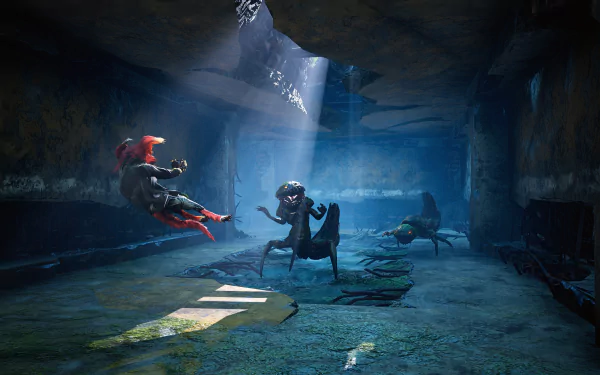 Biomutant video game 4K Ultra HD PC desktop wallpaper: anthropomorphic mutants clash in a ruined sunlit cavern, shafts of light cutting through water and scattered debris.