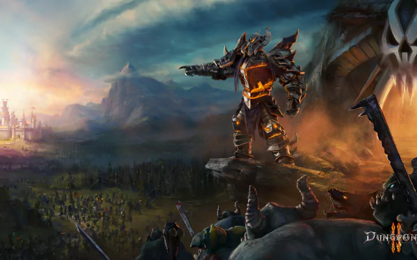 HD PC desktop wallpaper from the video game Dungeons 2 featuring a warrior knight in dark armor overlooking a vast battlefield near a distant castle.