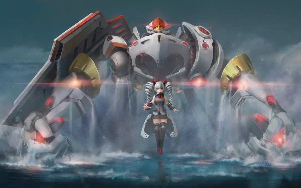 HD desktop wallpaper of Bronya Zaychik from Benghuai Xueyuan, featuring a dynamic anime scene with a futuristic mech emerging from the water behind her.