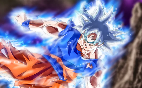 HD desktop wallpaper of Goku from Dragon Ball Super, showcasing him in a powerful stance with flowing blue aura, highlighting his dynamic and intense energy. Vibrant and action-packed anime art.