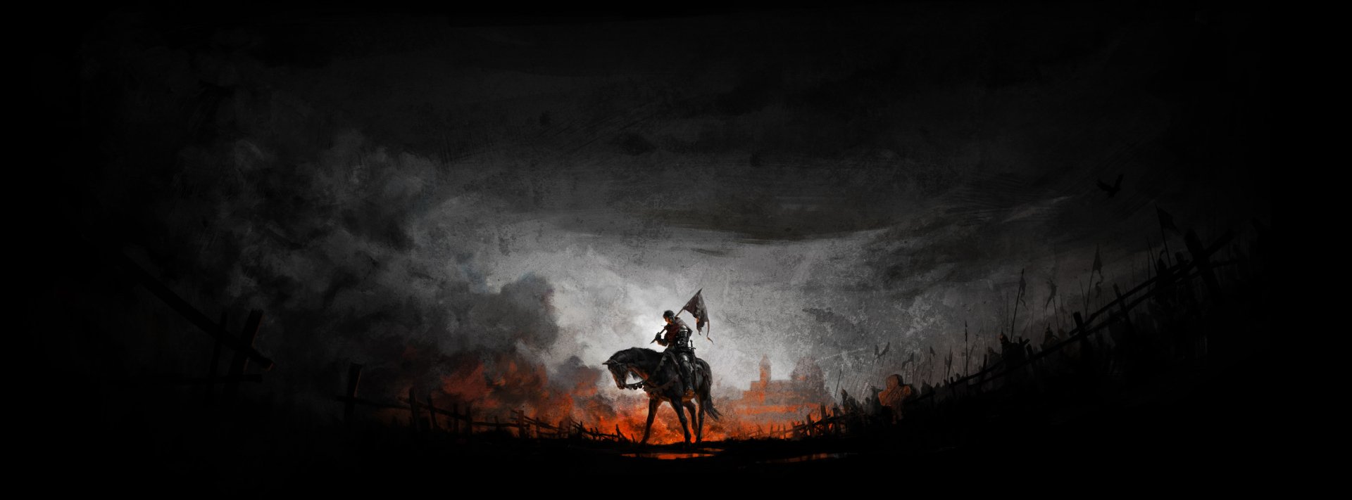 HD PC desktop wallpaper featuring a lone knight on horseback with a flag, set against a dark, smoky battlefield from the video game Kingdom Come: Deliverance.