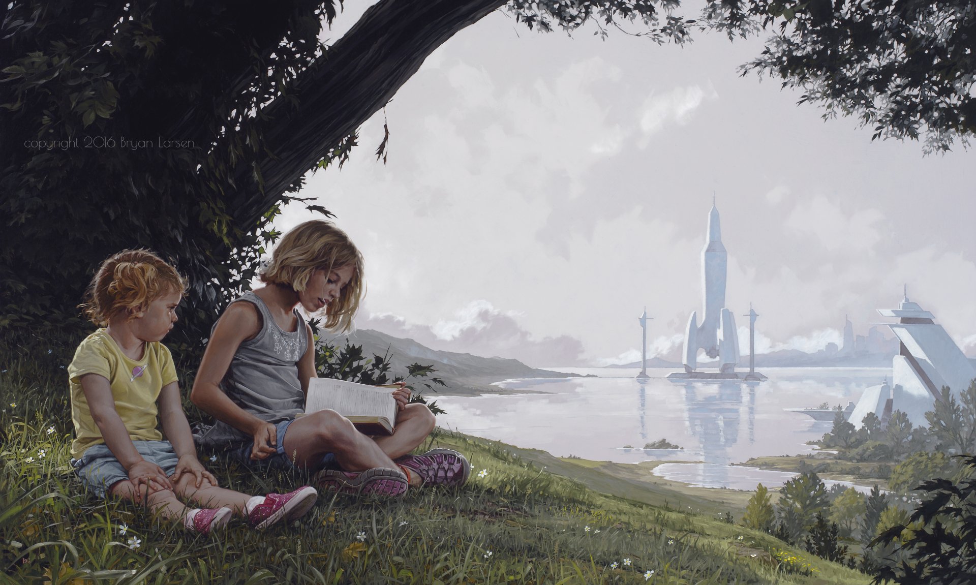 Artistic HD desktop wallpaper showing two children sitting on grass by a tree, reading near a serene lake with a futuristic castle in the misty background.