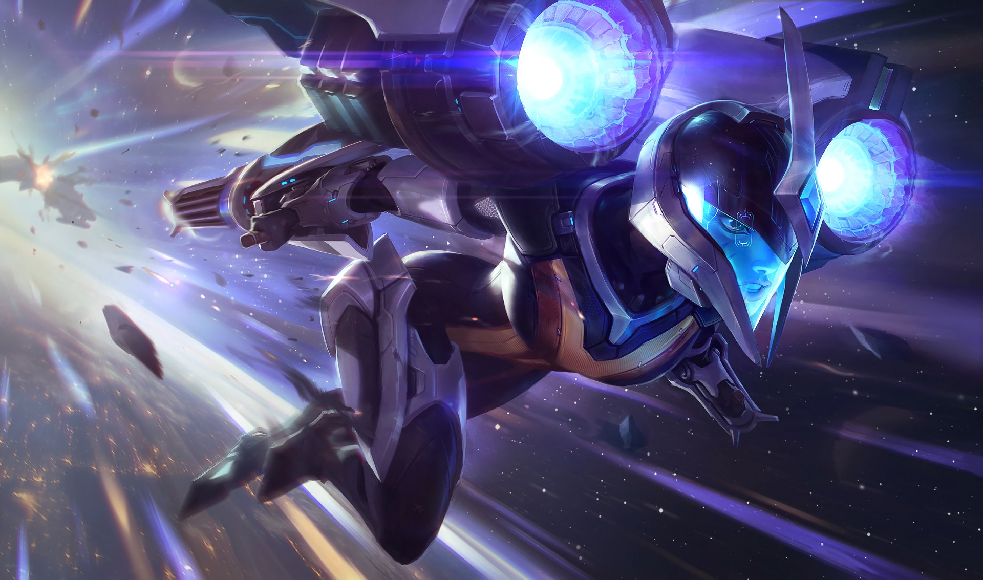 HD wallpaper of Kai'Sa from League of Legends, showcasing a dynamic, action-packed scene with vibrant sci-fi elements.