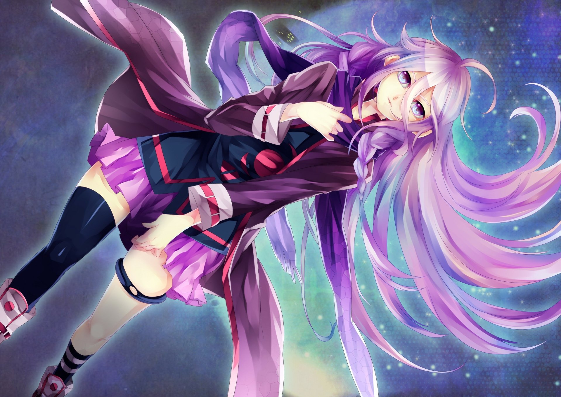 HD PC desktop wallpaper featuring IA from Vocaloid in vibrant anime style with flowing purple hair and a dynamic cosmic background.