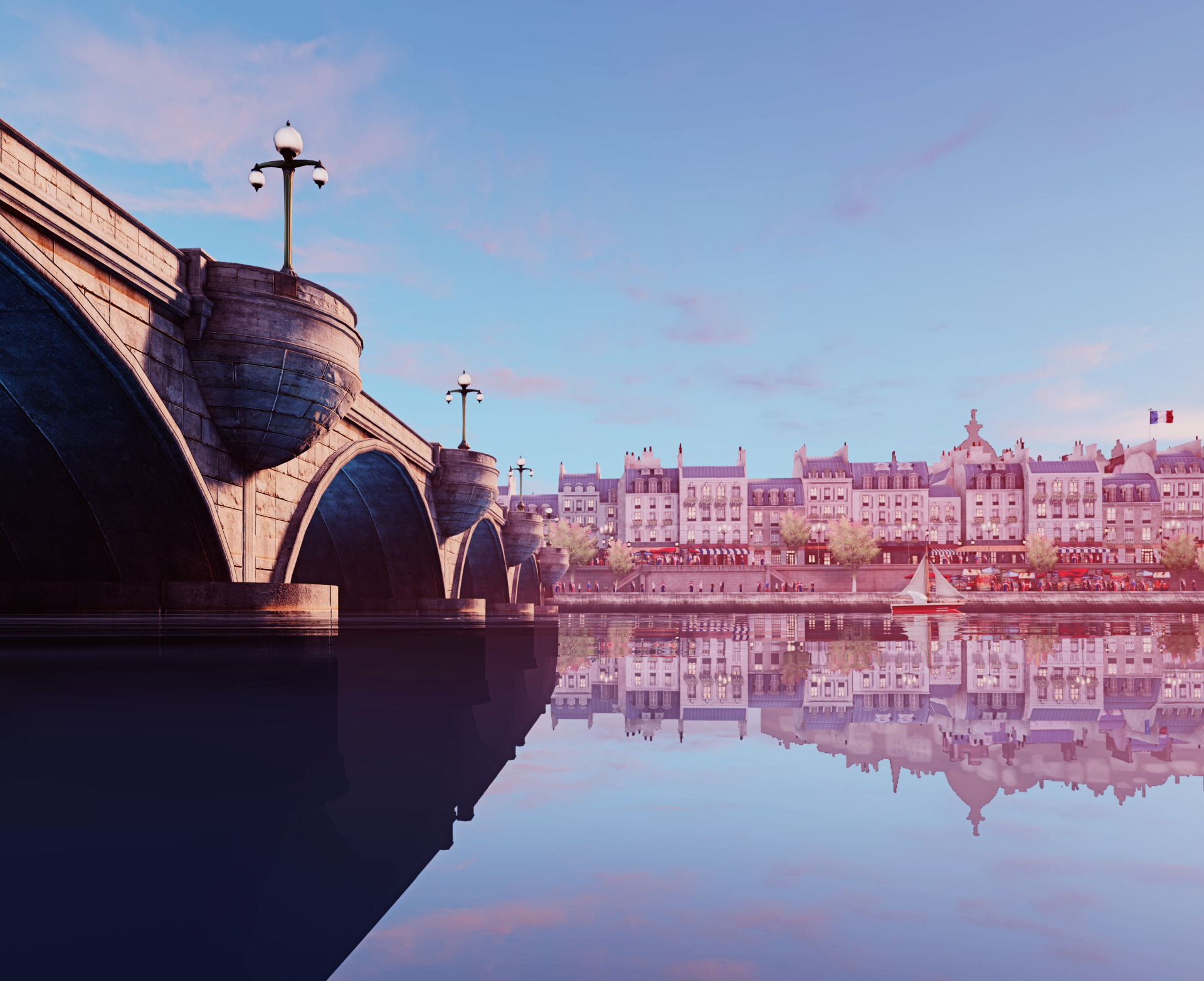 8K Ultra HD PC wallpaper featuring a serene cityscape and bridge from the video game Bioshock Infinite, with calm waters reflecting the buildings and soft, pastel sky.
