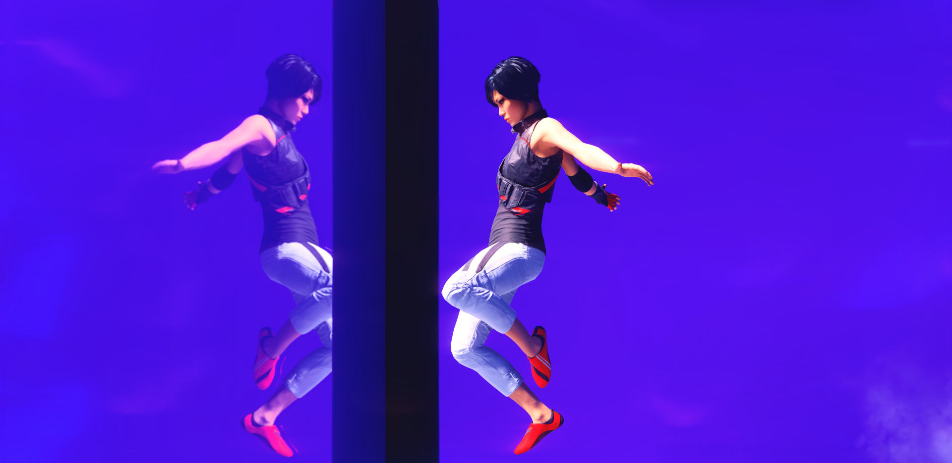 4K Ultra HD desktop wallpaper from the video game Mirror's Edge Catalyst, featuring the protagonist balancing mid-air against a vibrant purple background.