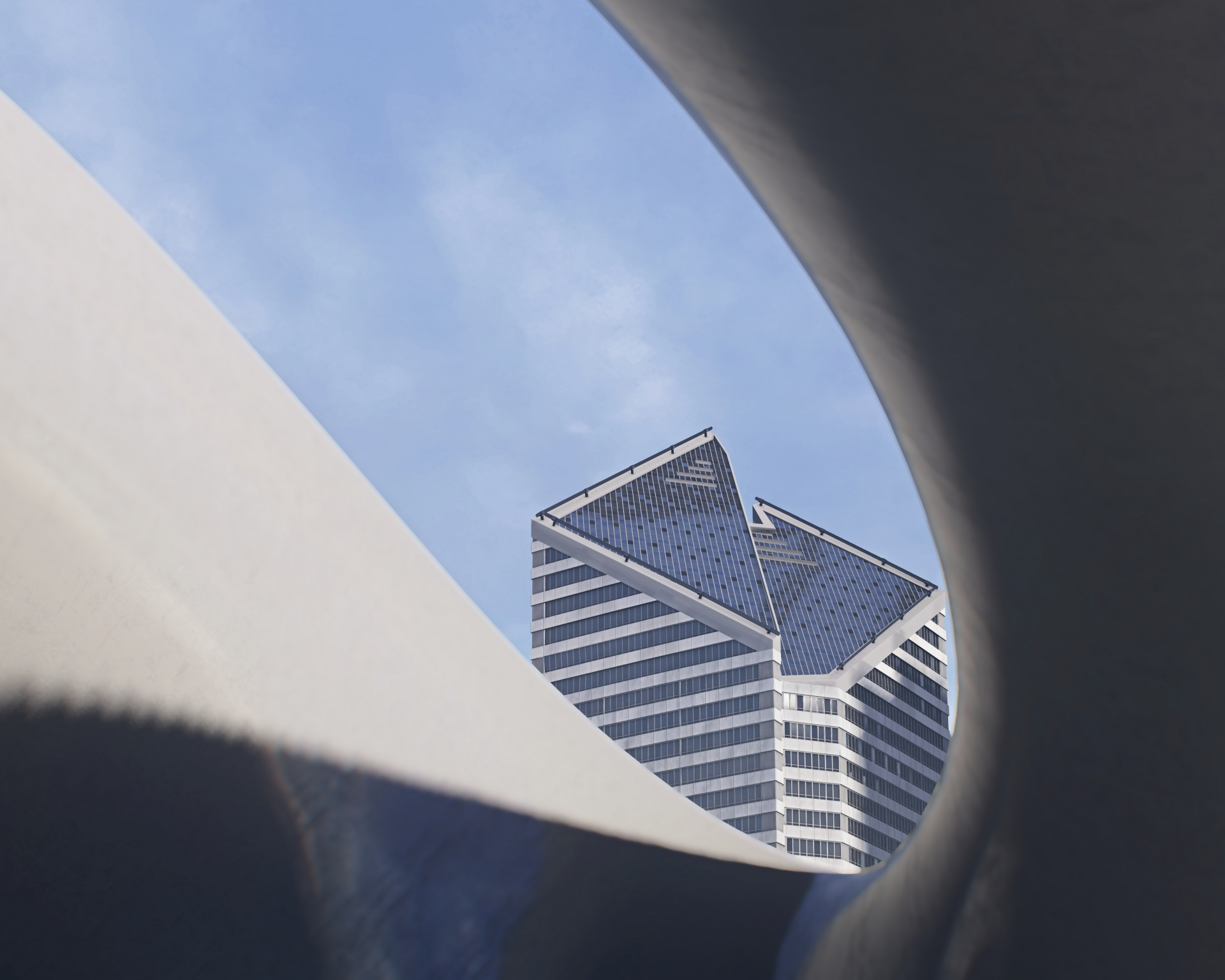 4K Ultra HD PC desktop wallpaper featuring a modern architectural view inspired by the video game Watch Dogs, highlighting geometric building shapes against a clear sky.