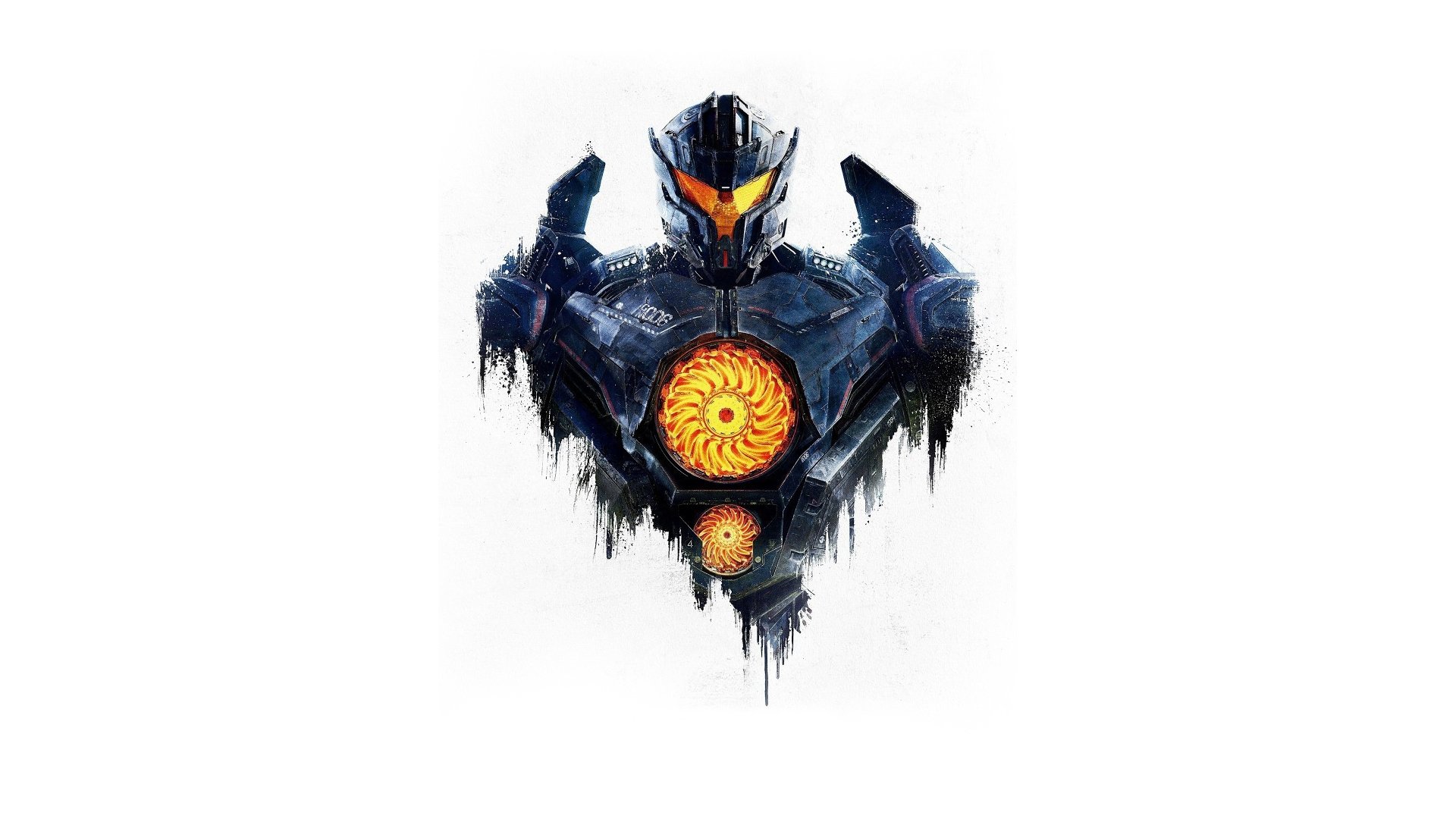HD desktop wallpaper featuring a Jaeger from the movie Pacific Rim: Uprising, showcasing its imposing figure with a glowing orange central core on a white background.