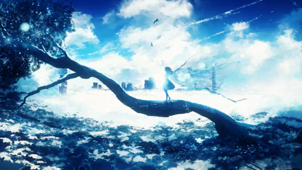HD anime wallpaper featuring an original artwork of a figure standing on a tree branch with a vibrant blue sky and cityscape background. This visually stunning image serves well as a desktop background.