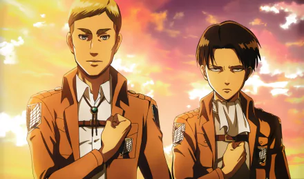 HD anime wallpaper featuring Erwin Smith and Levi Ackerman from Attack on Titan standing side by side against a vibrant sunset sky.