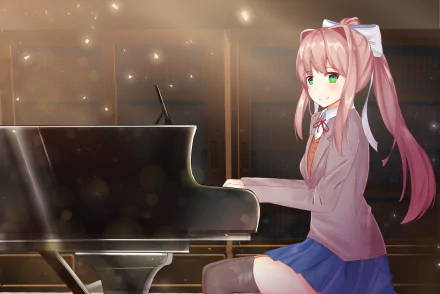HD wallpaper of Monika from the video game Doki Doki Literature Club, featuring her sitting at a piano with a background of shelves and subtle lighting effects.