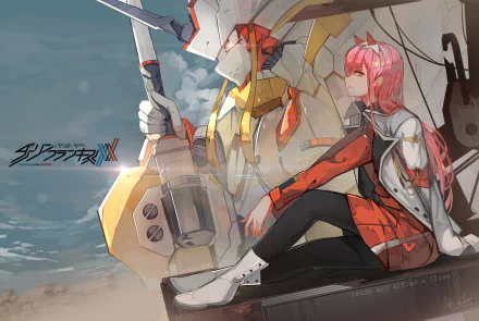 HD desktop wallpaper featuring Strelizia and Zero Two from the anime Darling in the FranXX. Zero Two sits thoughtfully with Strelizia in the background against a cloudy sky.