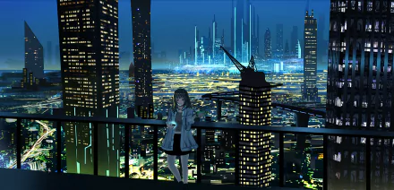 HD desktop wallpaper featuring an anime-style character overlooking a vibrant, futuristic sci-fi city at night. The colorful cityscape is illuminated with glowing lights and towering skyscrapers.