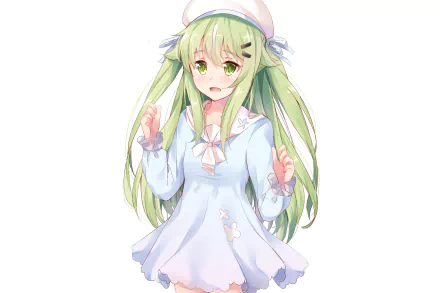 Anime-style original character with long green hair and green eyes, wearing a light blue dress and a pink headband, rendered in HD for a PC desktop wallpaper.