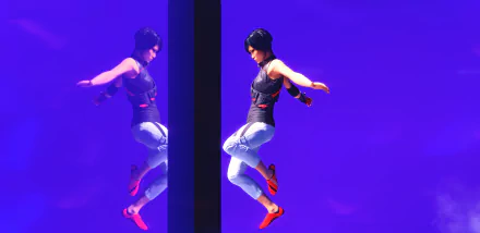 4K Ultra HD desktop wallpaper from the video game Mirror's Edge Catalyst, featuring the protagonist balancing mid-air against a vibrant purple background.