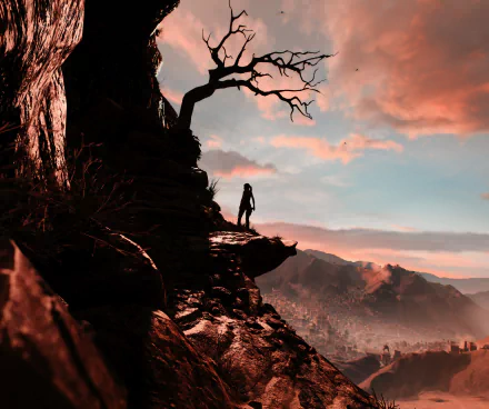 Lara Croft silhouette on a jagged cliff at sunset, overlooking misty mountains — Rise of the Tomb Raider video game 2K Quad HD PC wallpaper.