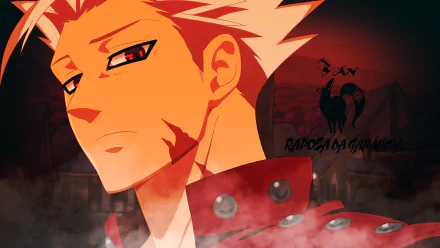 HD desktop wallpaper featuring Ban from The Seven Deadly Sins, showcasing his white hair, red eyes, and scar while wearing a red jacket against a dark background with the fox sin symbol.