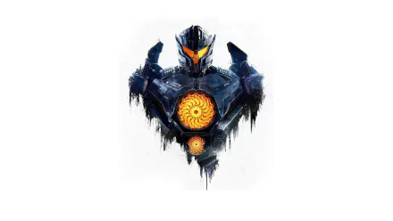 HD desktop wallpaper featuring a Jaeger from the movie Pacific Rim: Uprising, showcasing its imposing figure with a glowing orange central core on a white background.