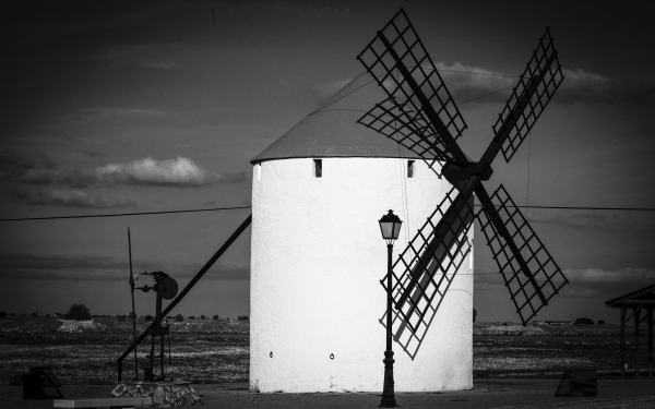 Man Made Windmill Castilla la Mancha Albacete Spain Black & White Lamp Post HD Wallpaper | Background Image