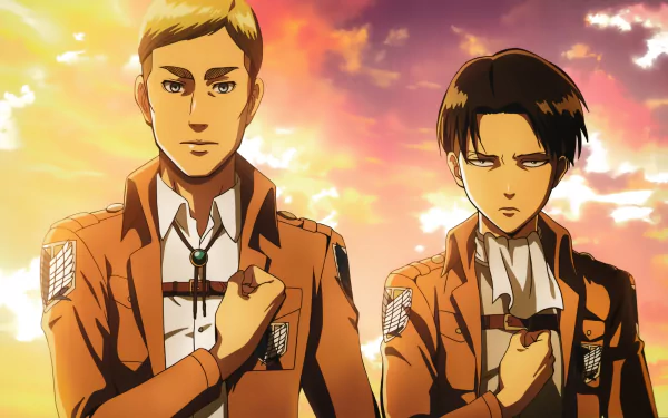 HD anime wallpaper featuring Erwin Smith and Levi Ackerman from Attack on Titan standing side by side against a vibrant sunset sky.