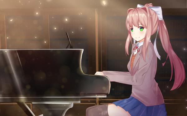 HD wallpaper of Monika from the video game Doki Doki Literature Club, featuring her sitting at a piano with a background of shelves and subtle lighting effects.