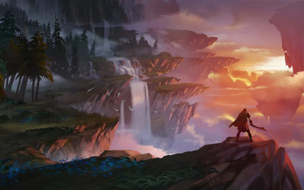 A Dauntless warrior stands on a cliff overlooking a floating island with a waterfall, set in a vivid nature scene at sunset. HD PC desktop wallpaper and background.