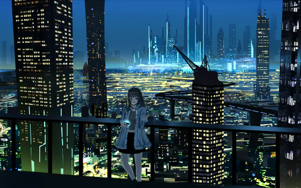 HD desktop wallpaper featuring an anime-style character overlooking a vibrant, futuristic sci-fi city at night. The colorful cityscape is illuminated with glowing lights and towering skyscrapers.