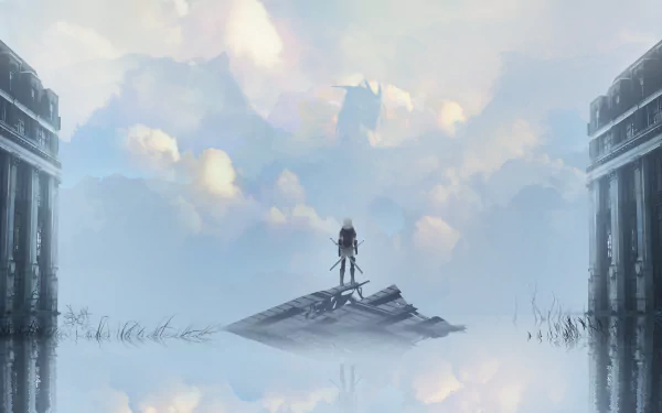 An anime warrior with a sword stands reflected in water amidst towering ancient ruins, clouds, and a distant dragon, creating a captivating HD desktop wallpaper background.