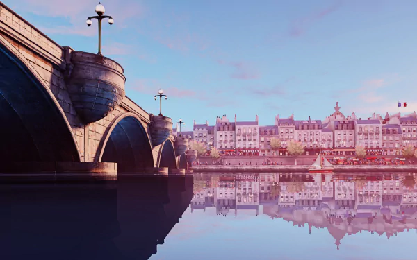 8K Ultra HD PC wallpaper featuring a serene cityscape and bridge from the video game Bioshock Infinite, with calm waters reflecting the buildings and soft, pastel sky.