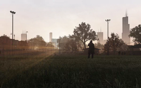 4K Ultra HD PC desktop wallpaper featuring a scene from the video game Watch Dogs, with a solitary figure standing in a grassy area against a city skyline at sunset.