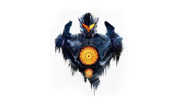 HD desktop wallpaper featuring a Jaeger from the movie Pacific Rim: Uprising, showcasing its imposing figure with a glowing orange central core on a white background.