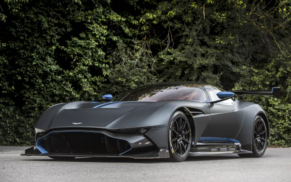 A sleek, dark gray Aston Martin Vulcan supercar parked on a road with dense green foliage in the background, captured in 4K Ultra HD for a PC desktop wallpaper.