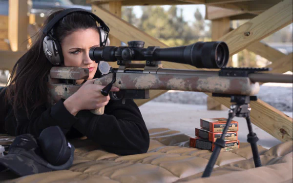 A brunette woman with hazel eyes, identified as Lauren Young, aims a sniper rifle while lying prone. She wears headphones and is surrounded by ammunition boxes. This HD wallpaper is tagged with Girls & Guns.