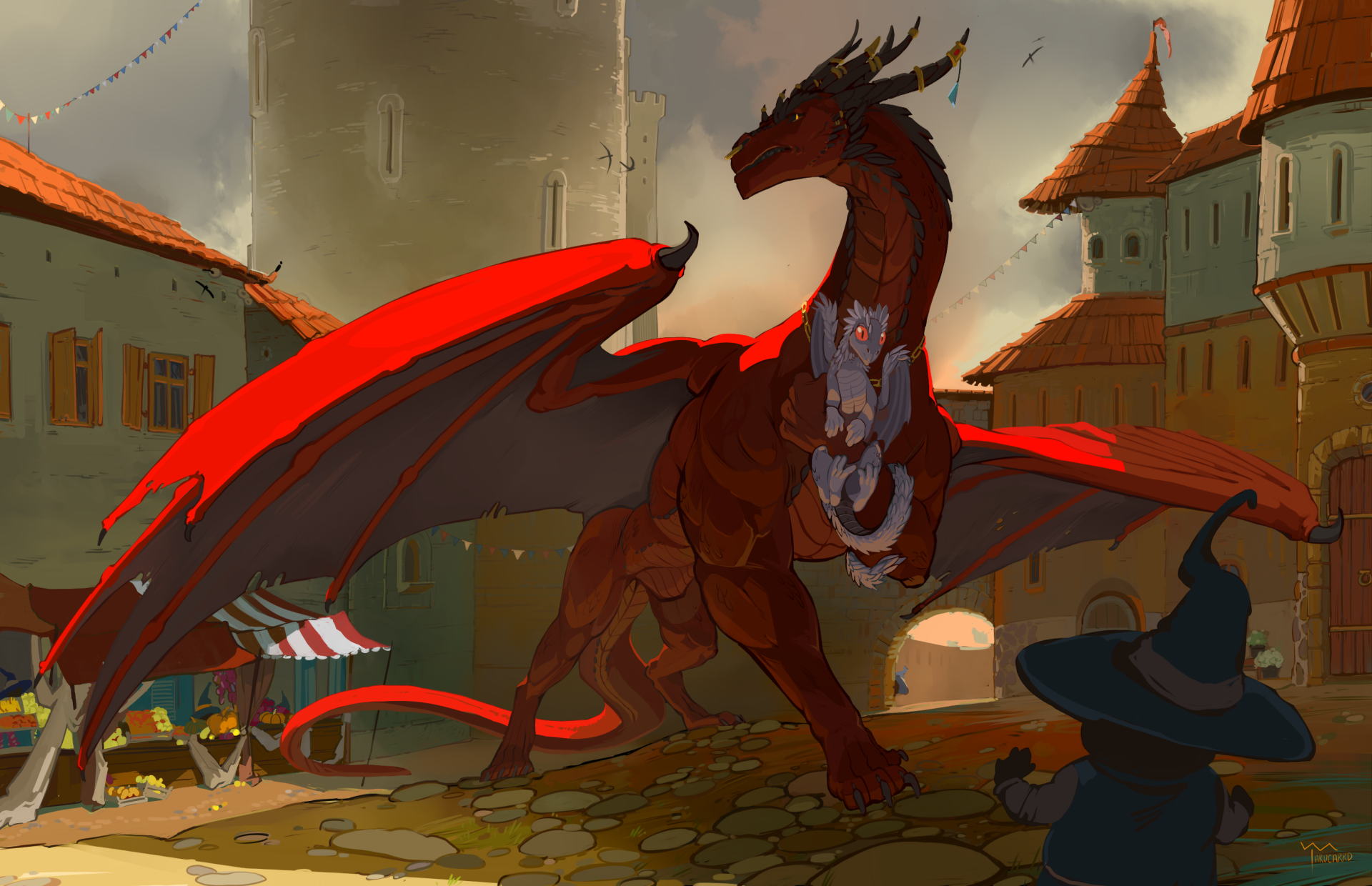 HD fantasy desktop wallpaper featuring a large red-winged dragon standing in a medieval village under a gloomy sky.