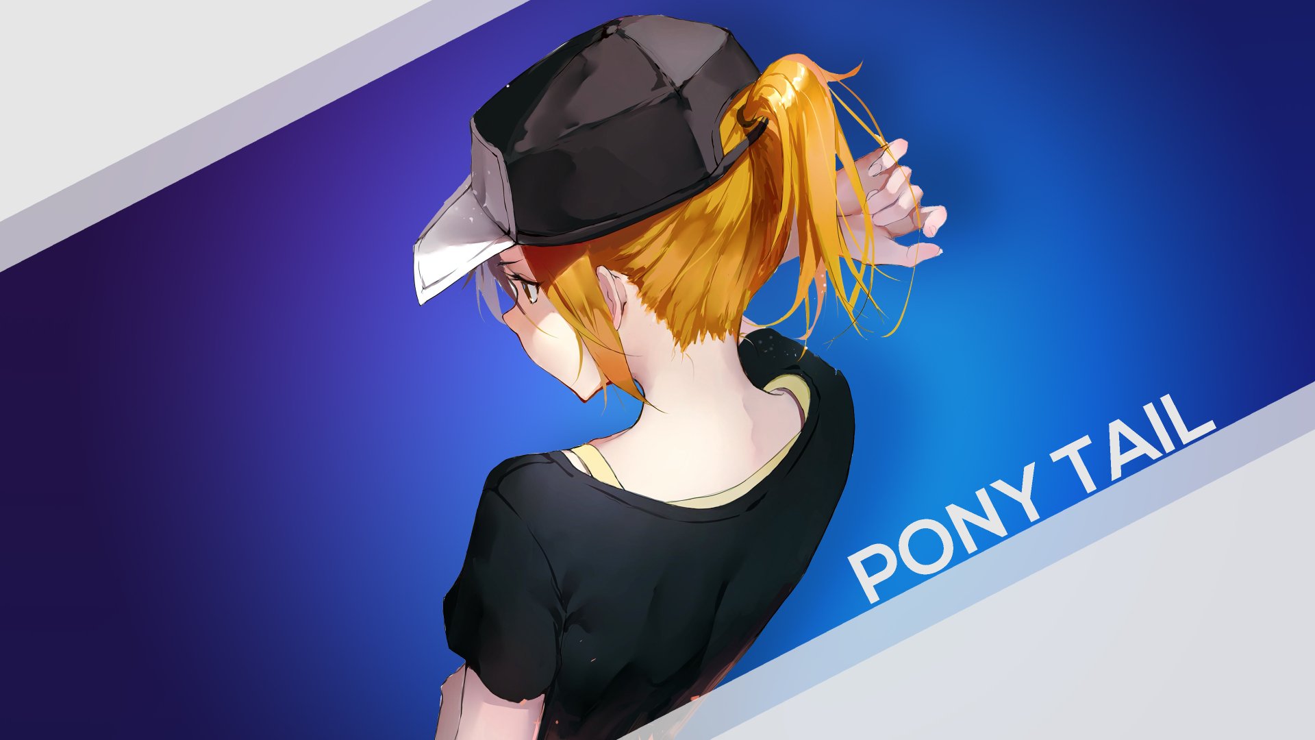 Mikoto Misaka from A Certain Scientific Railgun, anime-style 4K UHD PC desktop wallpaper: rear view of her in a baseball cap and ponytail against a blue gradient background labeled PONY TAIL.