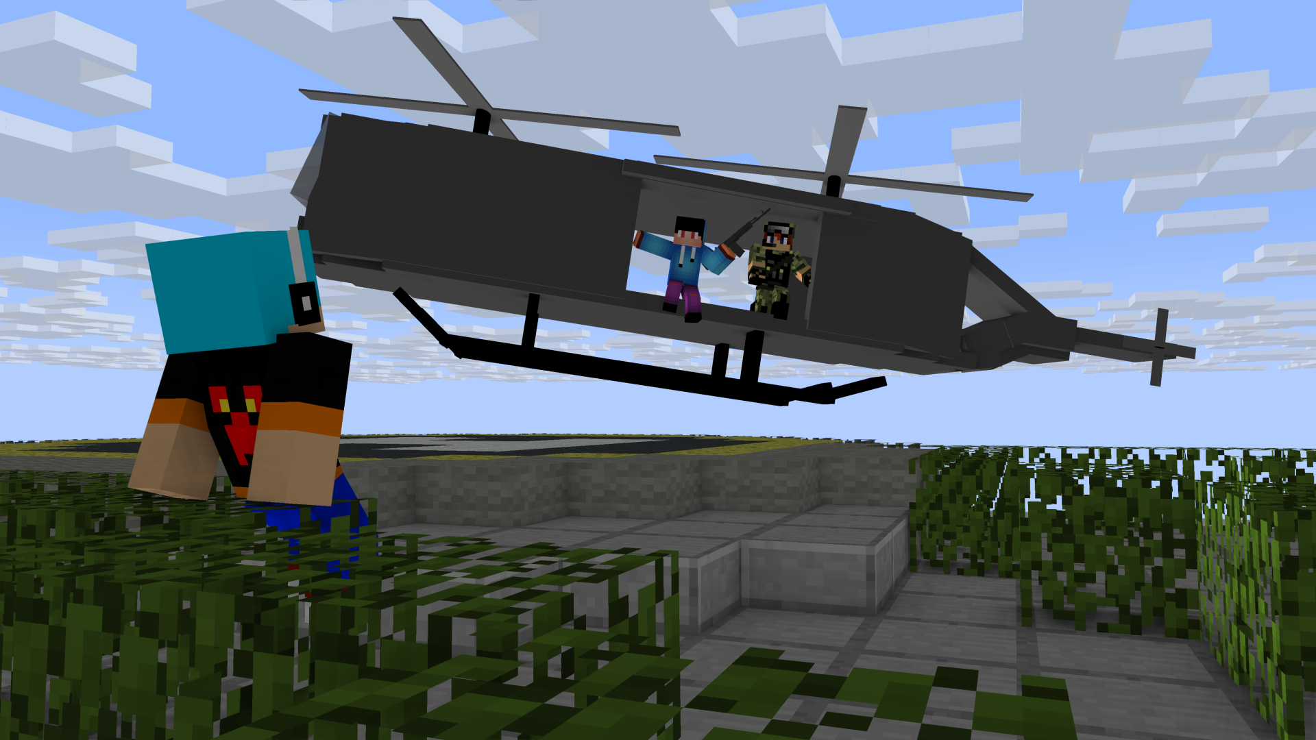 4K Ultra HD Minecraft PC wallpaper featuring pixelated characters inside a helicopter flying over blocky terrain under a bright sky.