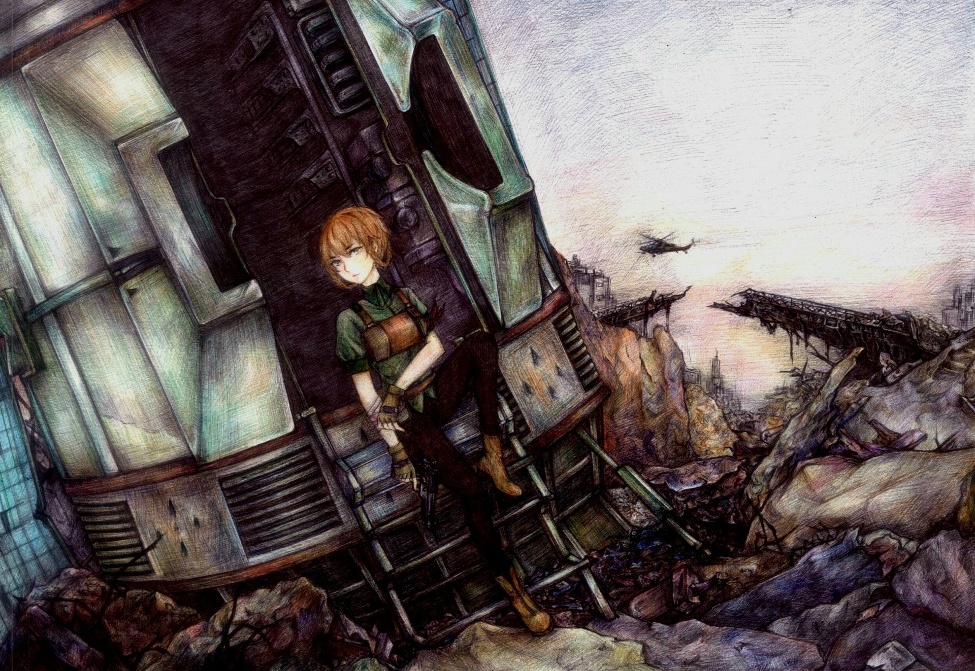 HD anime desktop wallpaper featuring a character from Steins;Gate sitting on mechanical debris in a post-apocalyptic landscape.