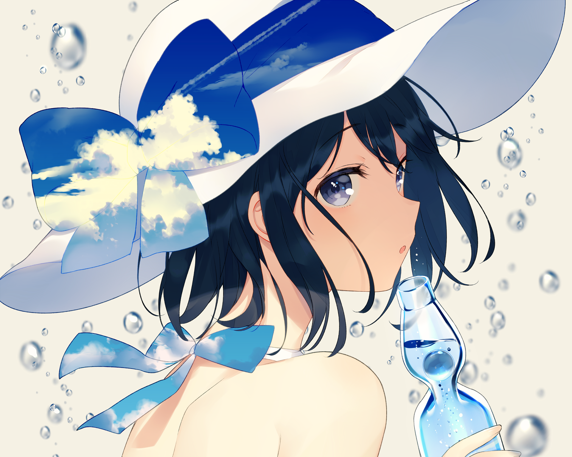 HD anime desktop wallpaper of a girl with short black hair, blue eyes, wearing a hat adorned with a large bow, surrounded by bubbles.