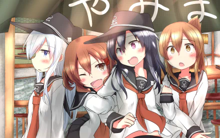 HD PC desktop wallpaper of Kantai Collection (KanColle) anime characters Ikazuchi, Inazuma, Akatsuki and Hibiki in naval-style school uniforms, smiling and posing inside a sunlit wooden room.