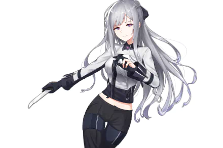 HD desktop wallpaper featuring AK-12 from the video game Girls Frontline, showcasing the character with long silver hair, wearing a sleek outfit, and holding a weapon.