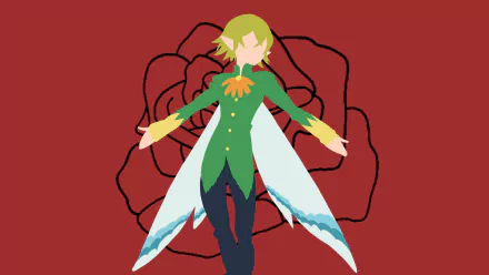 Minimalist anime wallpaper featuring Helbram from The Seven Deadly Sins, depicted as a fairy with wings, set against a red background adorned with a black rose outline.